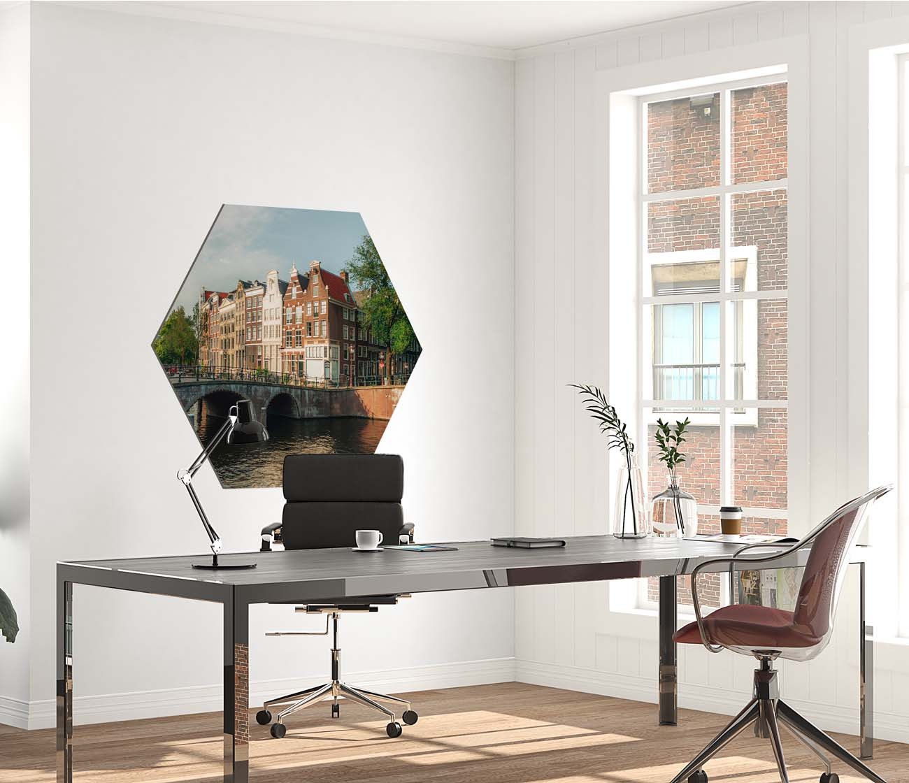 Opvallende hexagon foto met bedrukte merknaam