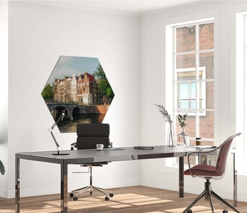 Opvallende hexagon foto met bedrukte merknaam