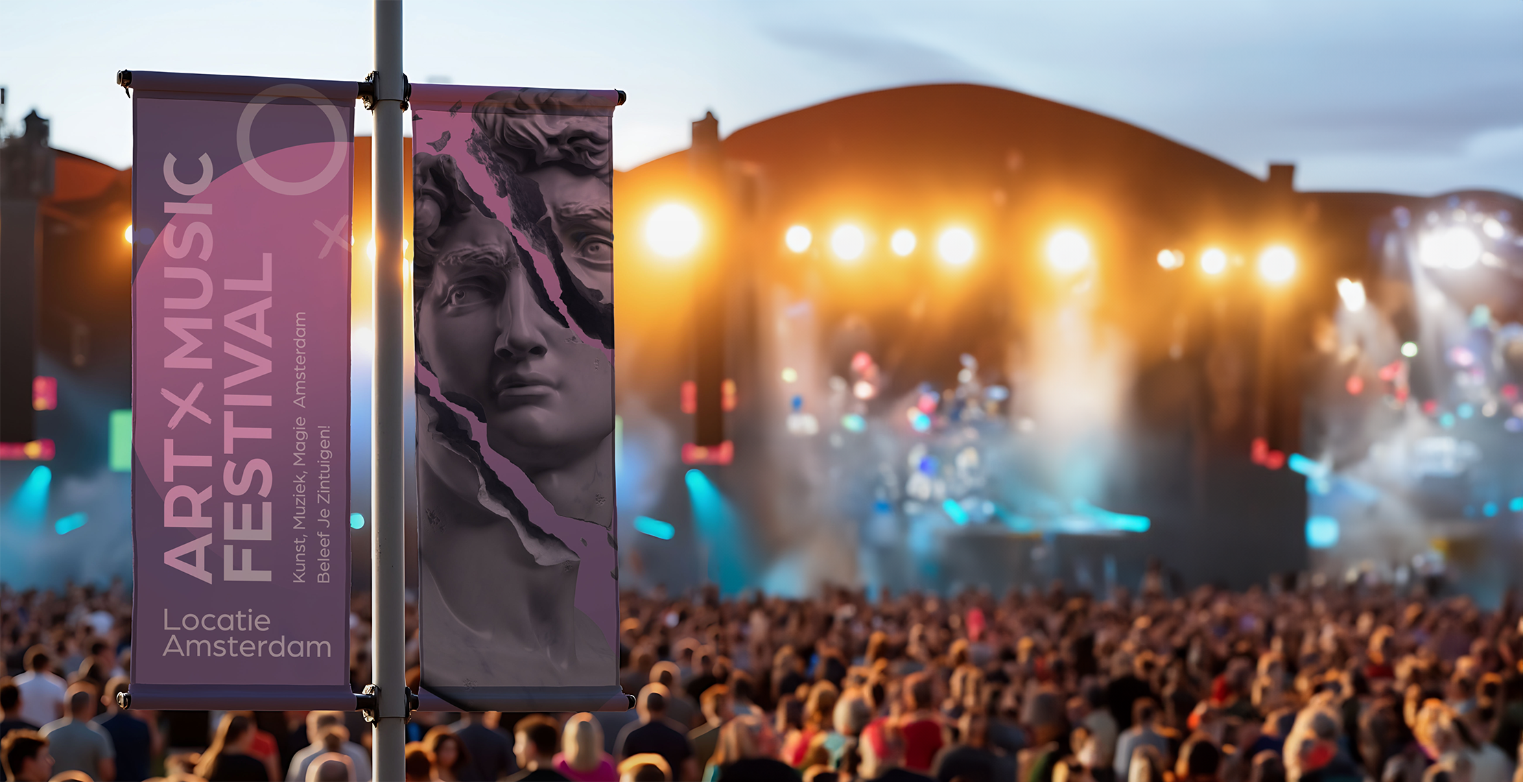 Vlaggen bedrukt voor festival bij podium stage.