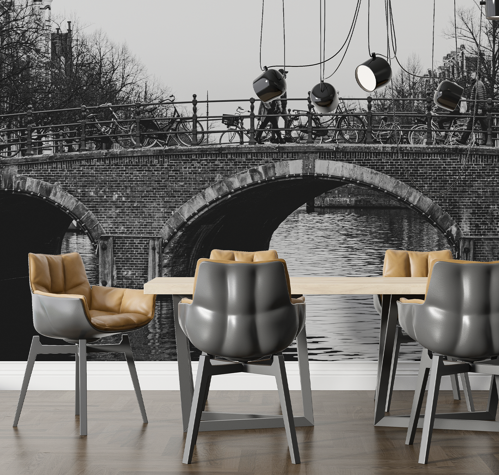Fotobehang bedrukt voor kantoor zwart witte foto van Amsterdamse grachten bij modern luxe kantoor met design stoel en design lampen. 