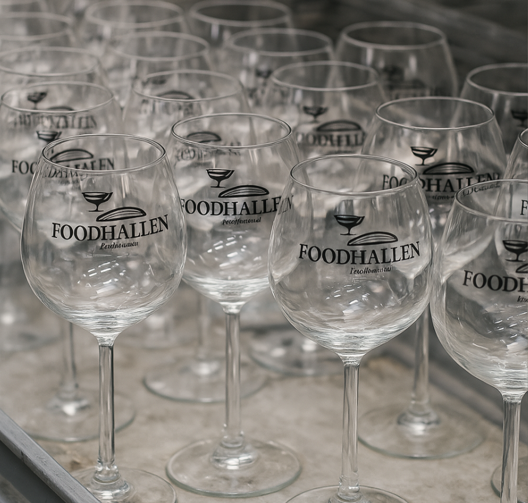 Bedrukte wijglazen op een rij.