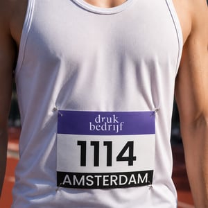 Close-up van een hardloper in een wit sportshirt met een van onze startnummers