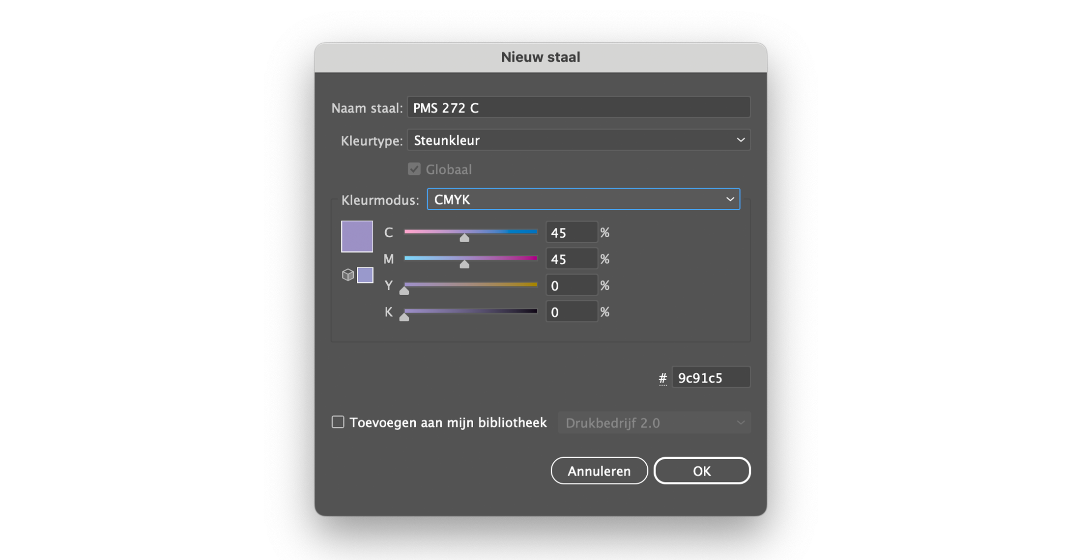 Steuneur instellen in Adobe lila kleur