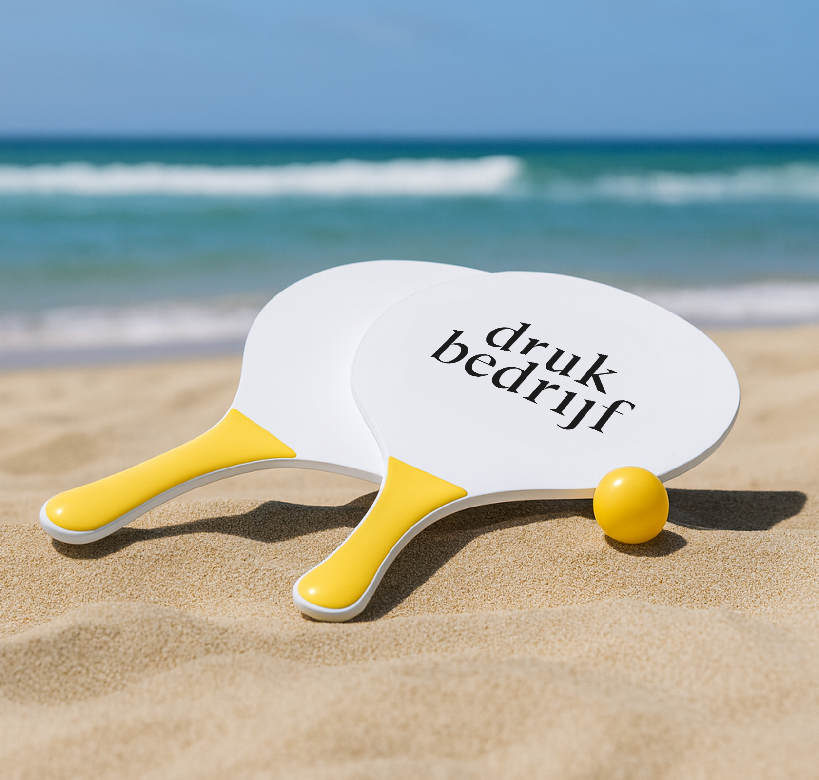 bedrukt beachball set geel op strand bij de branding
