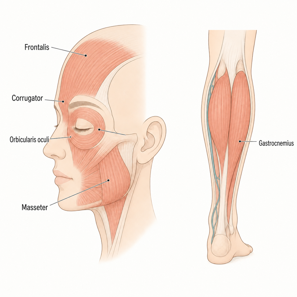 Expression muscles vs. bulk muscles — anatomical locations