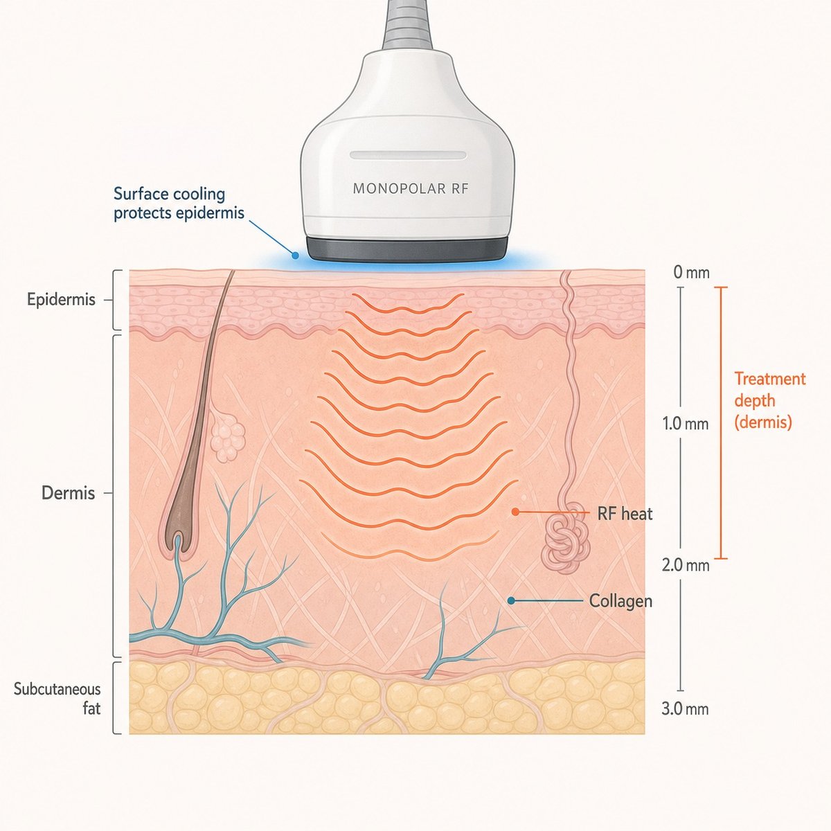 Cross-section showing RF heat reaching the dermis to trigger collagen contraction and new collagen growth