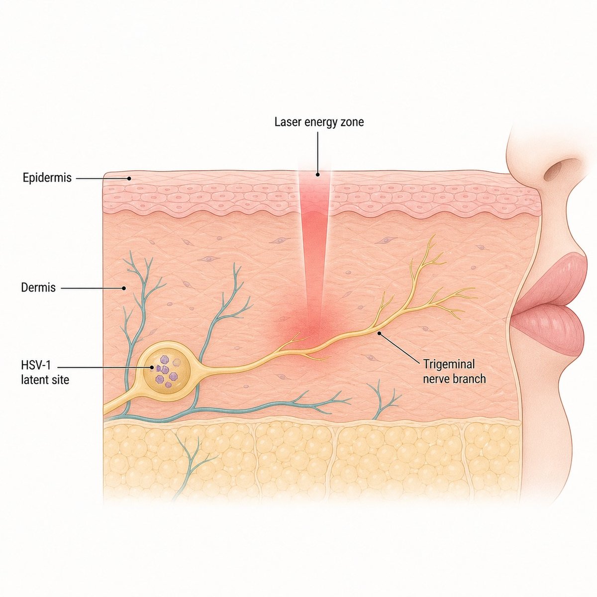 Diagram showing facial skin layers and the trigeminal nerve pathway where HSV-1 lies dormant, with the laser penetration zone highlighted near the perioral area
