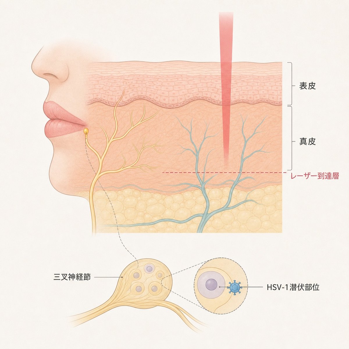 口唇ヘルペスウイルスが潜伏する皮膚断面の模式図
