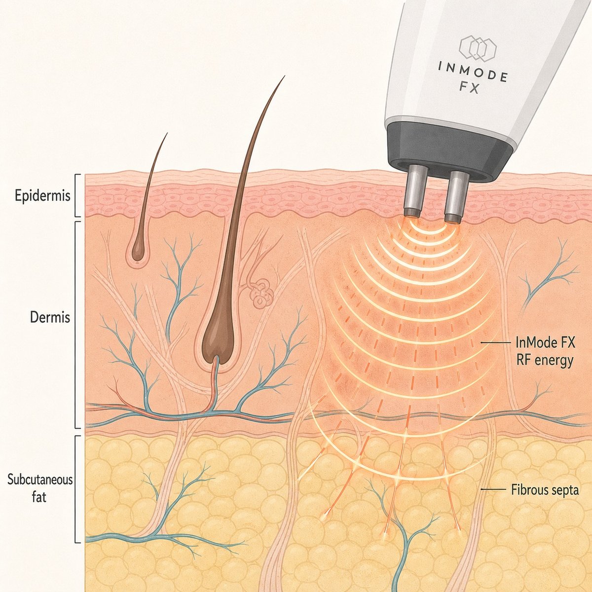 Diagram showing InMode FX RF energy reaching the subdermal fat layer through skin layers