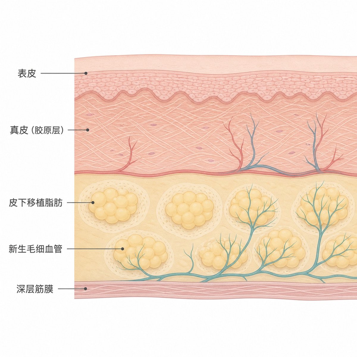 面部脂肪移植后皮下层结构示意，显示移植脂肪小叶与新生血管