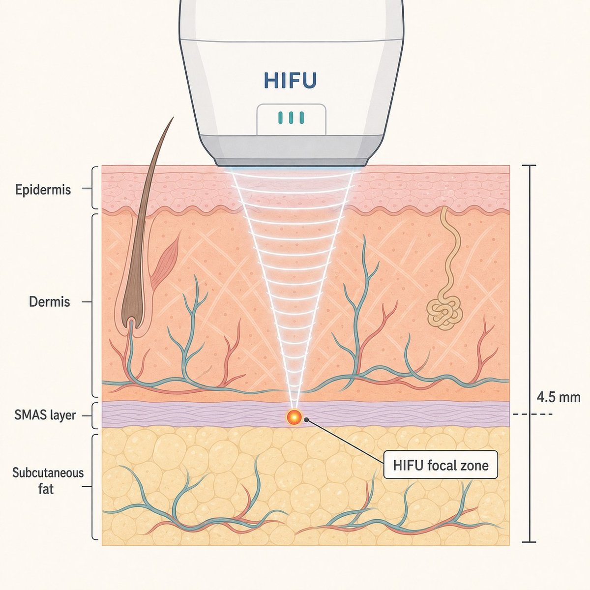 HIFU's focused ultrasound reaches the SMAS layer, deeper than RF's dermal target.