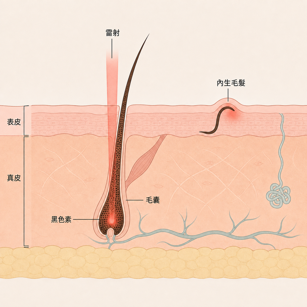 雷射以毛根黑色素為靶點使毛囊失活的示意圖