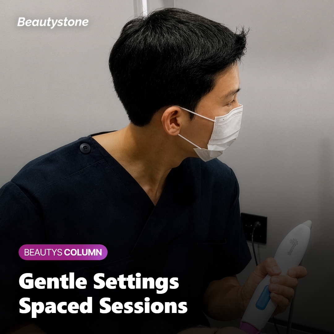 Provider assessing facial skin zones before adjusting laser wavelength and intensity