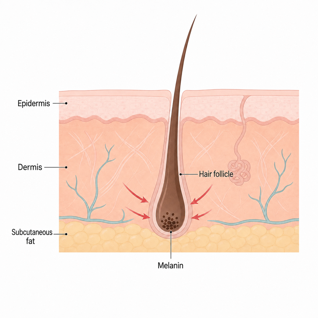 Cross-section showing laser heat being delivered to melanin deep within the hair follicle