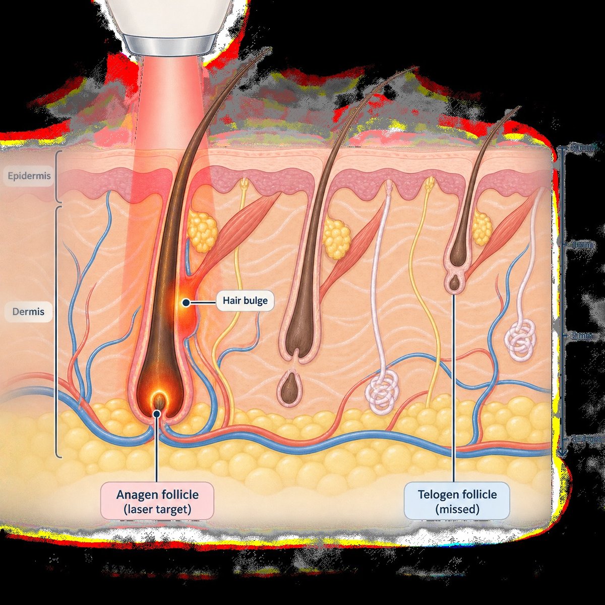 Cross-section showing laser targeting anagen follicle while telogen follicle is missed