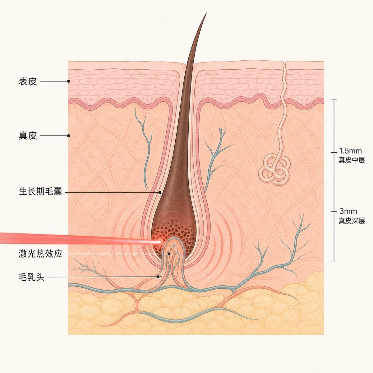激光脱毛作用于生长期毛囊的皮肤层次示意图