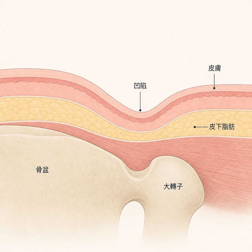 骨盆與大轉子之間自然形成的側面凹陷