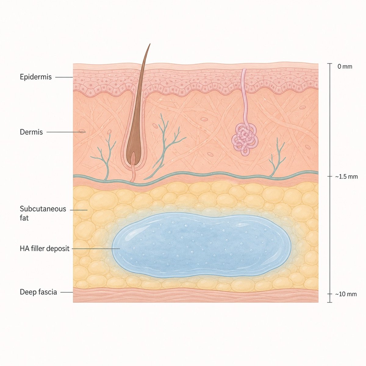 Anatomy cross-section showing hip filler placement in subcutaneous fat layer