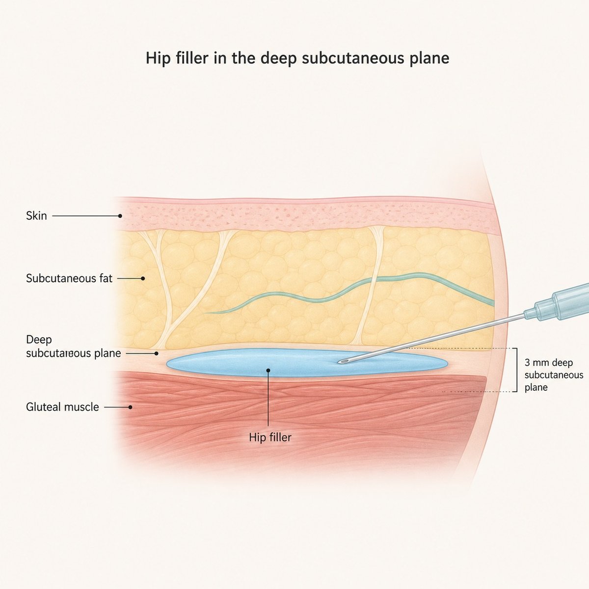 Cross-section diagram showing hip filler placed in the deep subcutaneous plane above the gluteal muscle