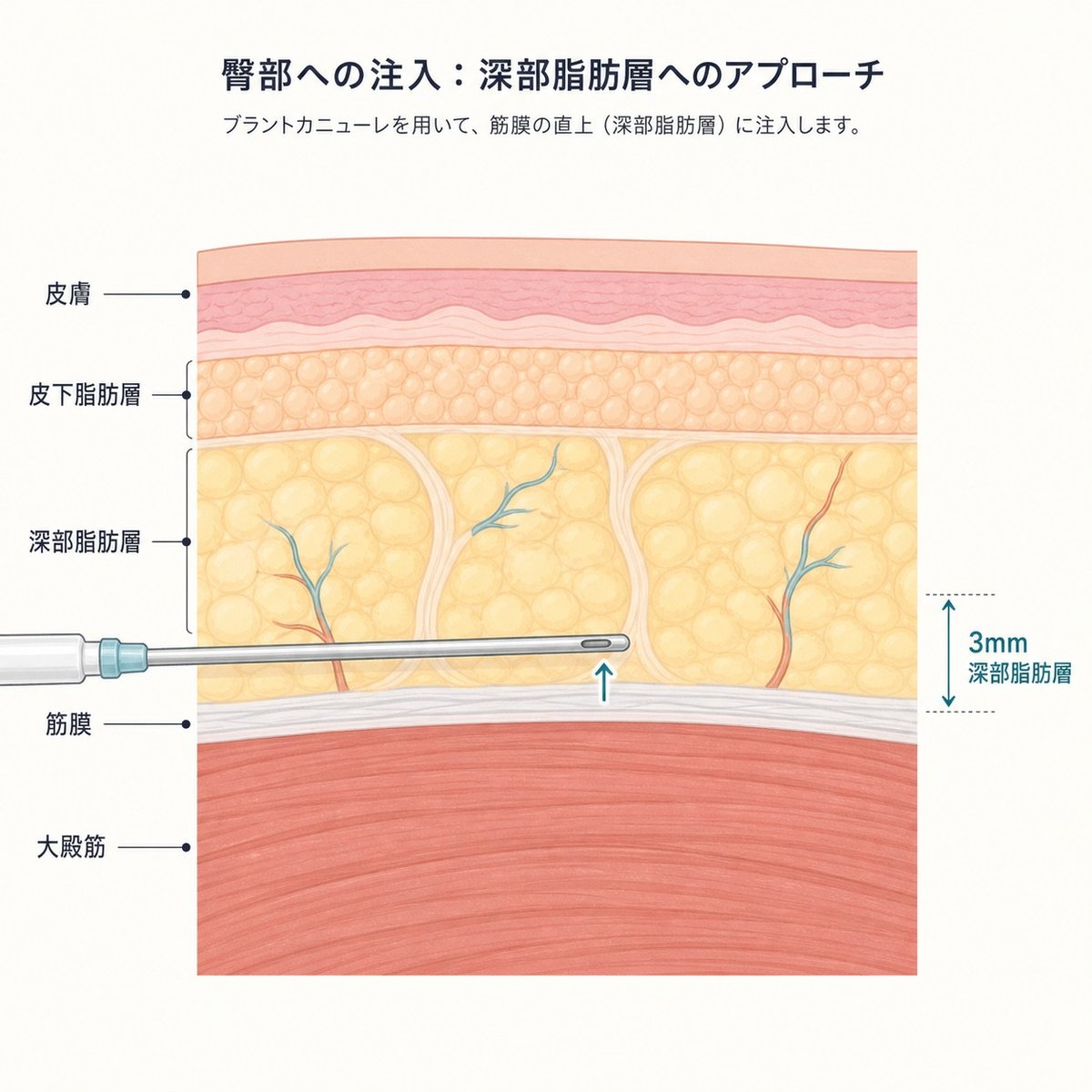 臀部の断面図。皮膚と皮下脂肪層、深部脂肪層、筋膜、大殿筋の位置と注入する深さを示した図解
