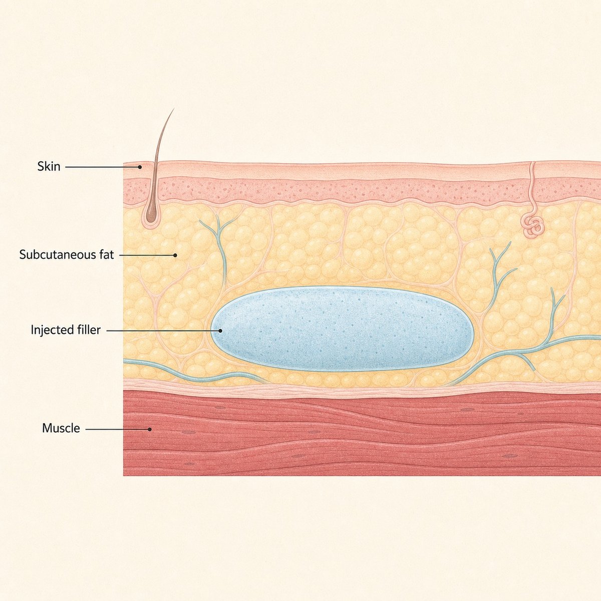 Cross-section of the buttock showing subcutaneous fat and injected filler as separate layers