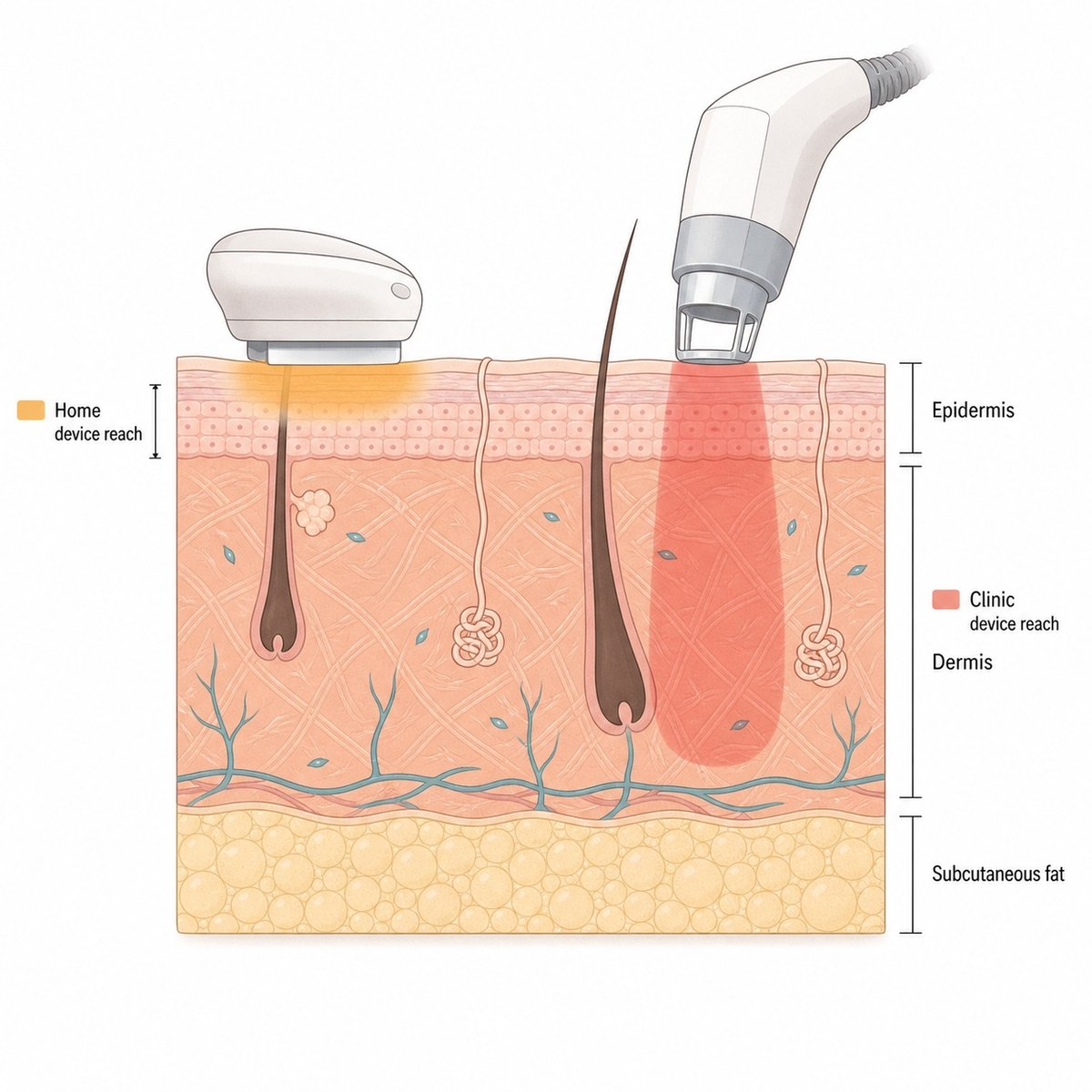 Cross-section of facial skin comparing how deep a home device and a clinic device deliver energy
