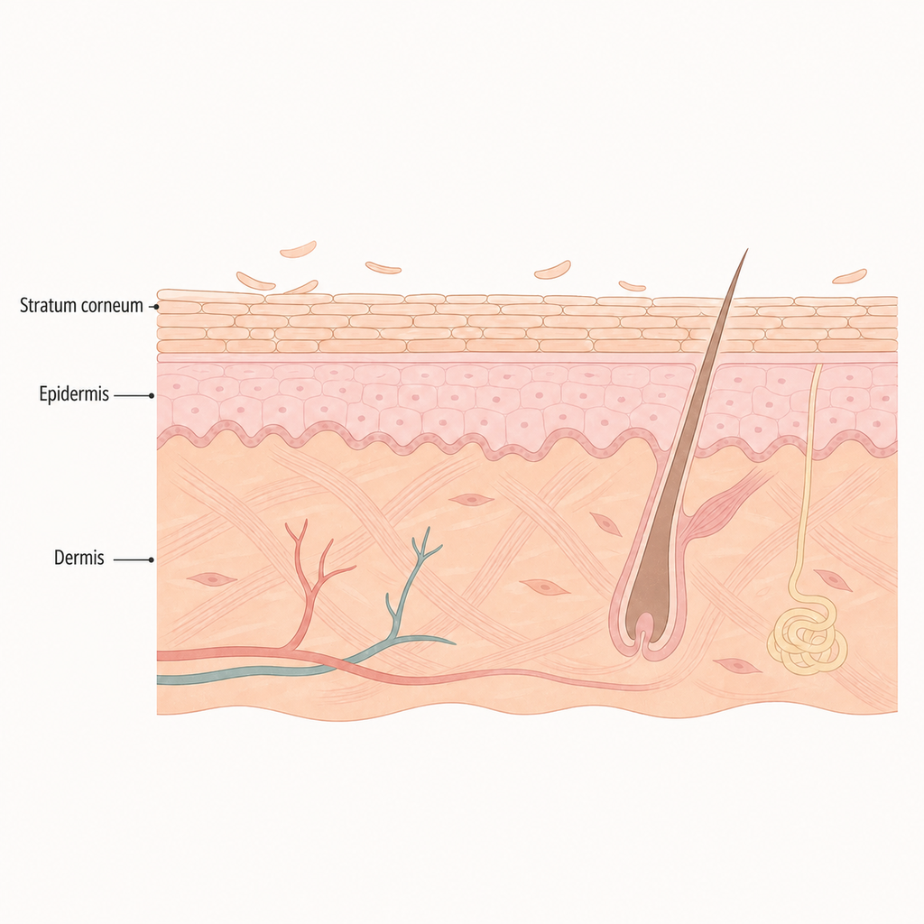 Cross-section showing old skin cells shedding from the upper layer of the stratum corneum
