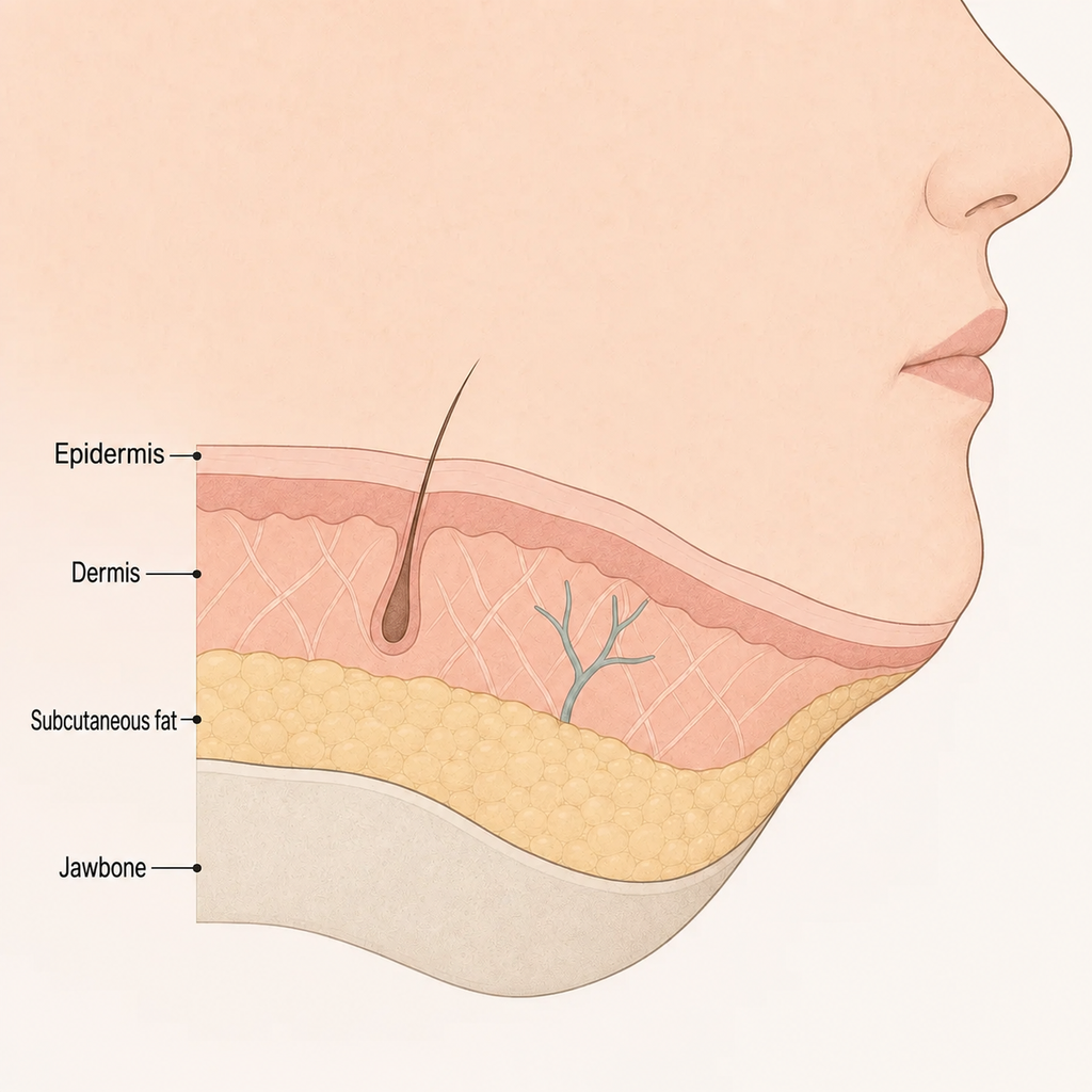 The layers formed by the skin, subcutaneous fat, and jawbone beneath the chin