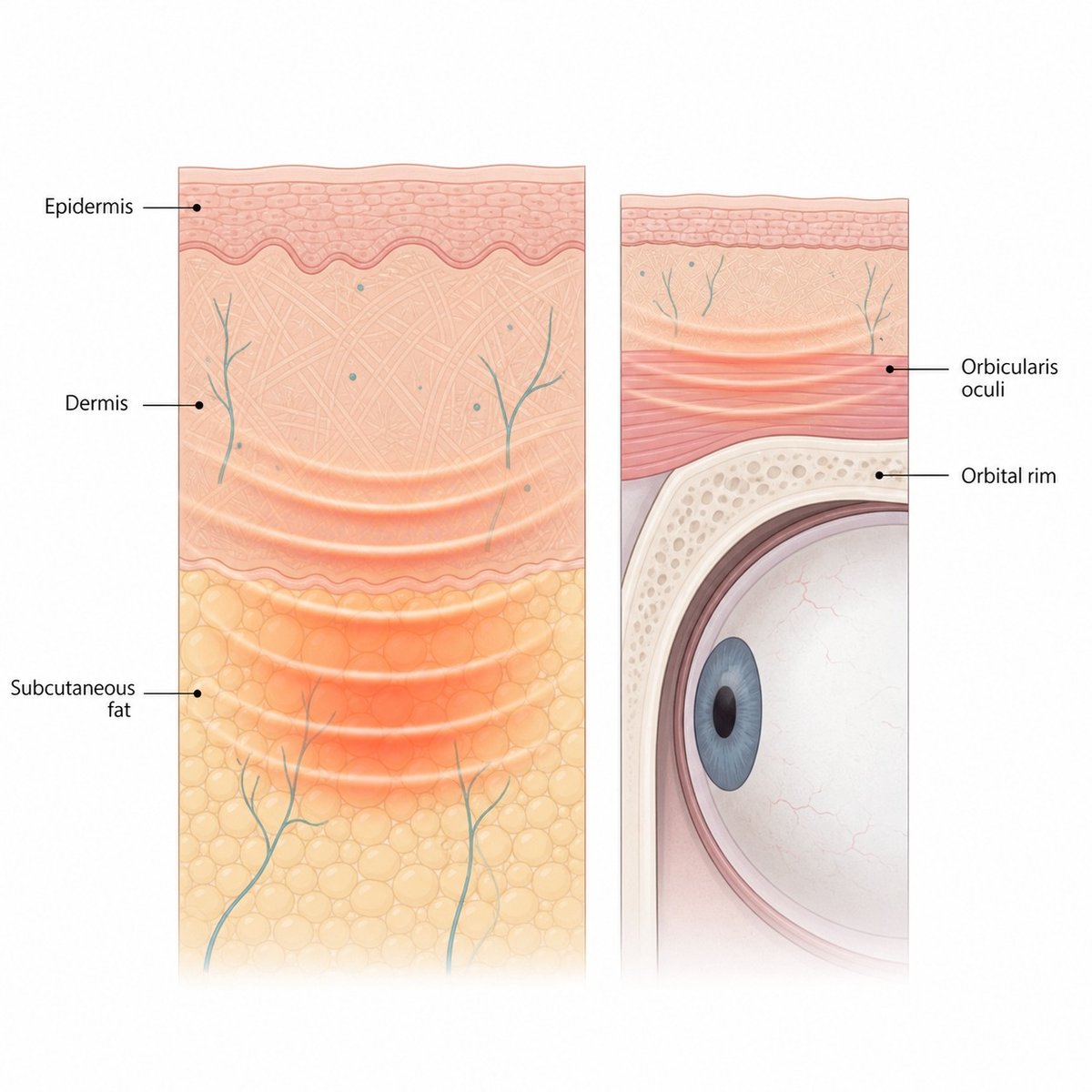 Cross-section illustration comparing thick jawline tissue with thin skin and minimal fat around the eye