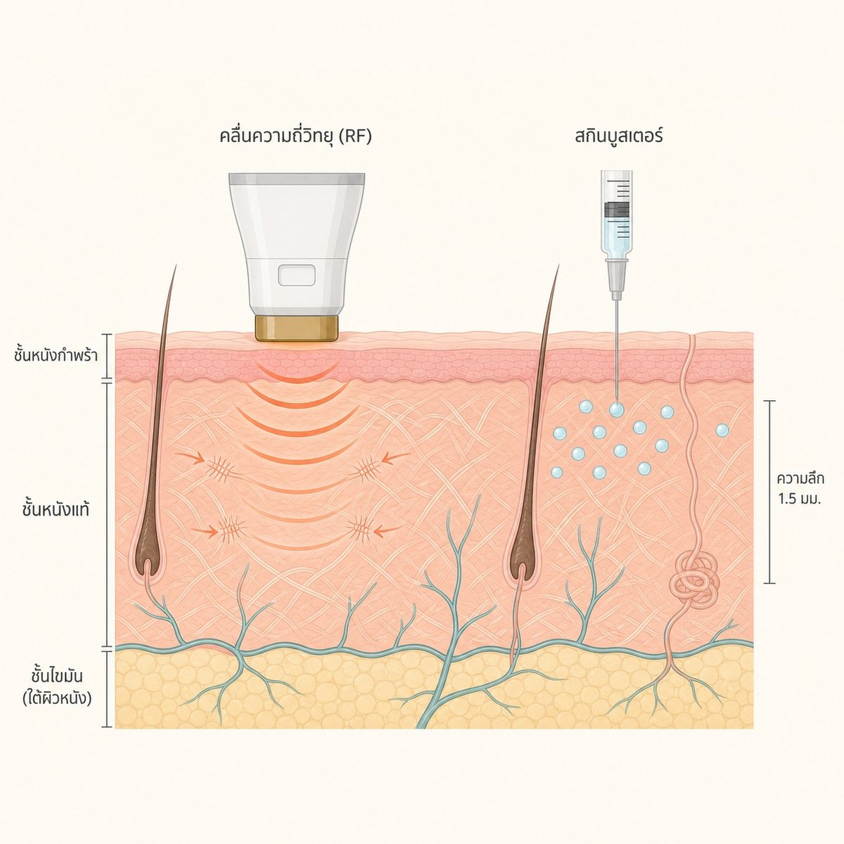 ภาพตัดขวางผิวแสดงความร้อน RF ของ InMode FX ที่ชั้นหนังแท้และการฉีด Skin Booster ที่ผิวชั้นตื้น