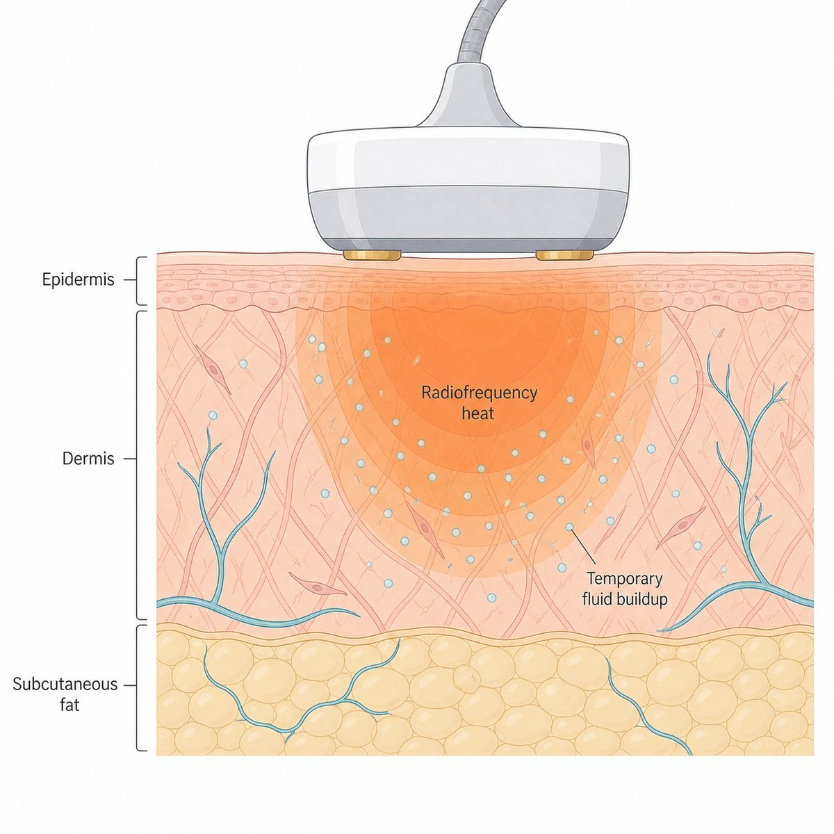 Cross-section of facial skin layers showing radiofrequency heat reaching the dermis and subcutaneous fat, with temporary fluid buildup