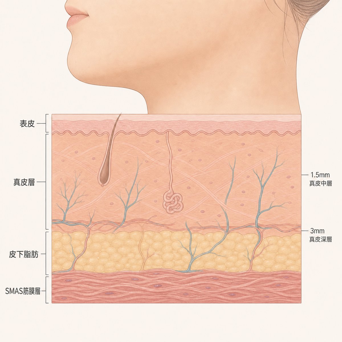下顎下方從表皮到SMAS筋膜層的皮膚剖面示意圖