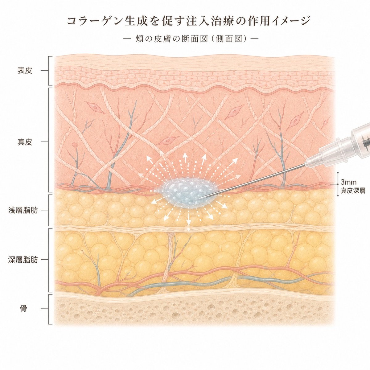 頬の断面図で見る表皮から深層脂肪までの層と注入の深さ