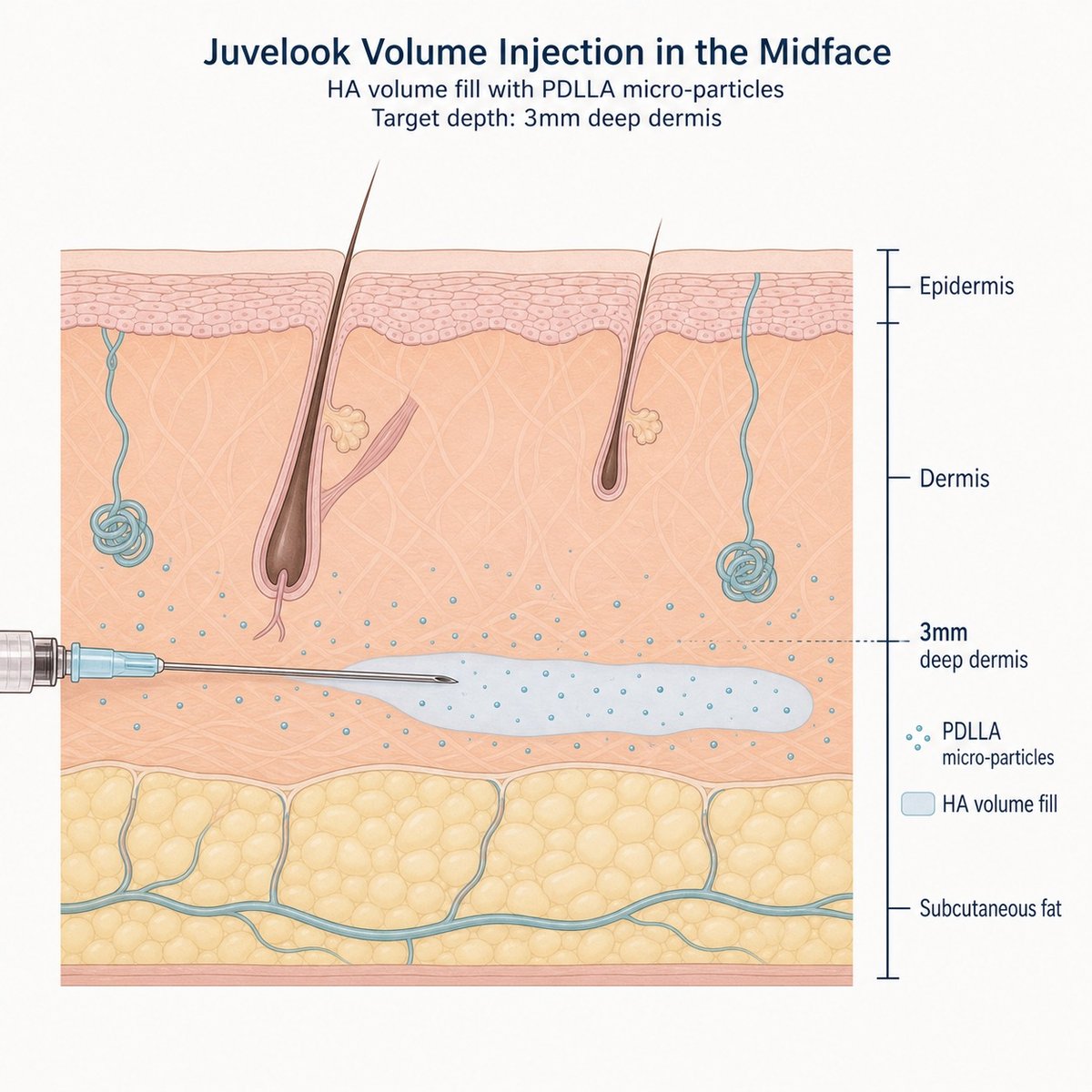 How the HA fill and PDLLA collagen-stimulating particles sit in the cheek's deeper layers