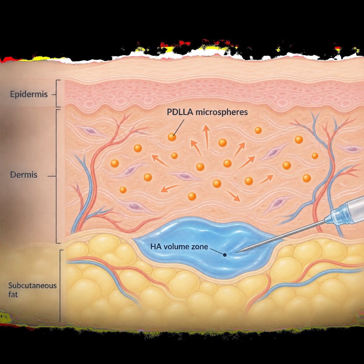 Diagram of Juvelook Volume injection depth showing PDLLA microspheres in the dermis and HA volume zone at the subcutaneous junction