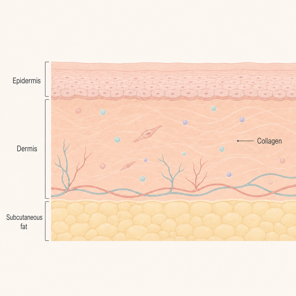Cross-section of skin showing Collagen stimulation occurring in the Dermis