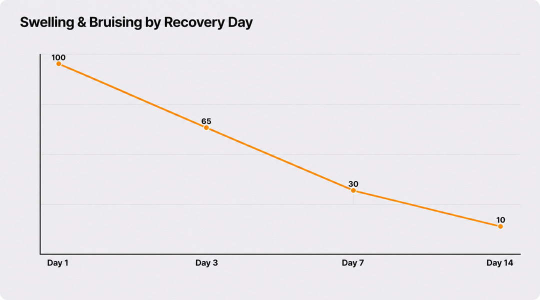 Chart showing degree of Swelling and Bruise by day during recovery