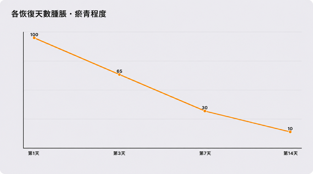 依恢復天數顯示的腫脹與淤青程度變化圖