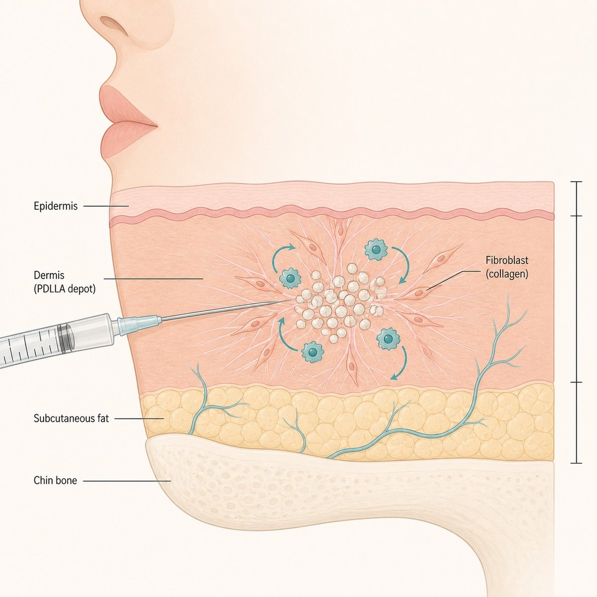 Diagram of PDLLA collagen biostimulator mechanism in chin tissue layers showing collagen production from microsphere depot