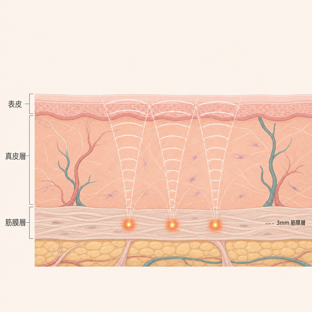 表皮、真皮、筋膜層與超音波熱凝固點集中的深度