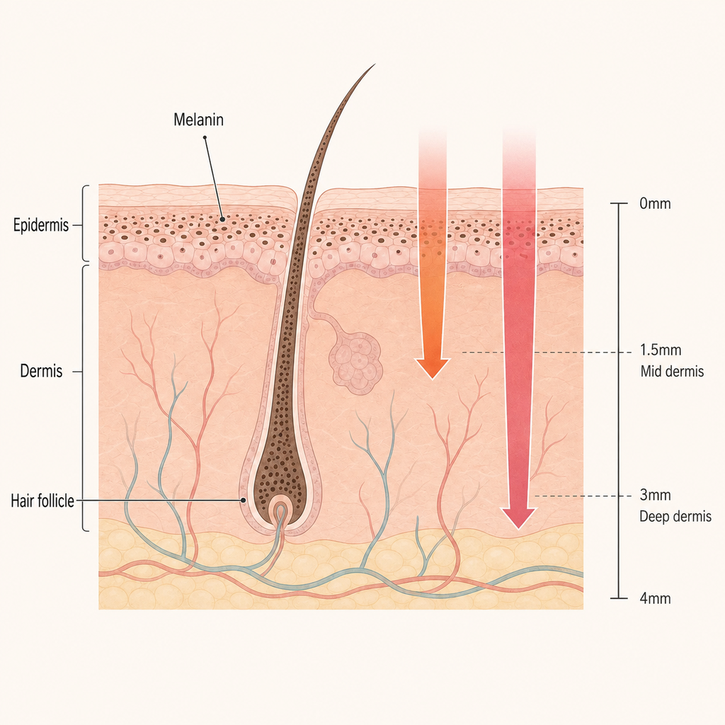 Follicle depth and melanin location: wavelengths reach different depths