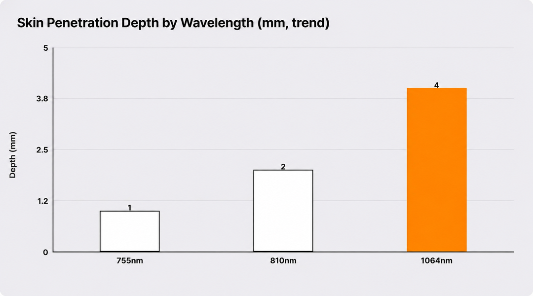 Skin penetration depth by wavelength, general trend