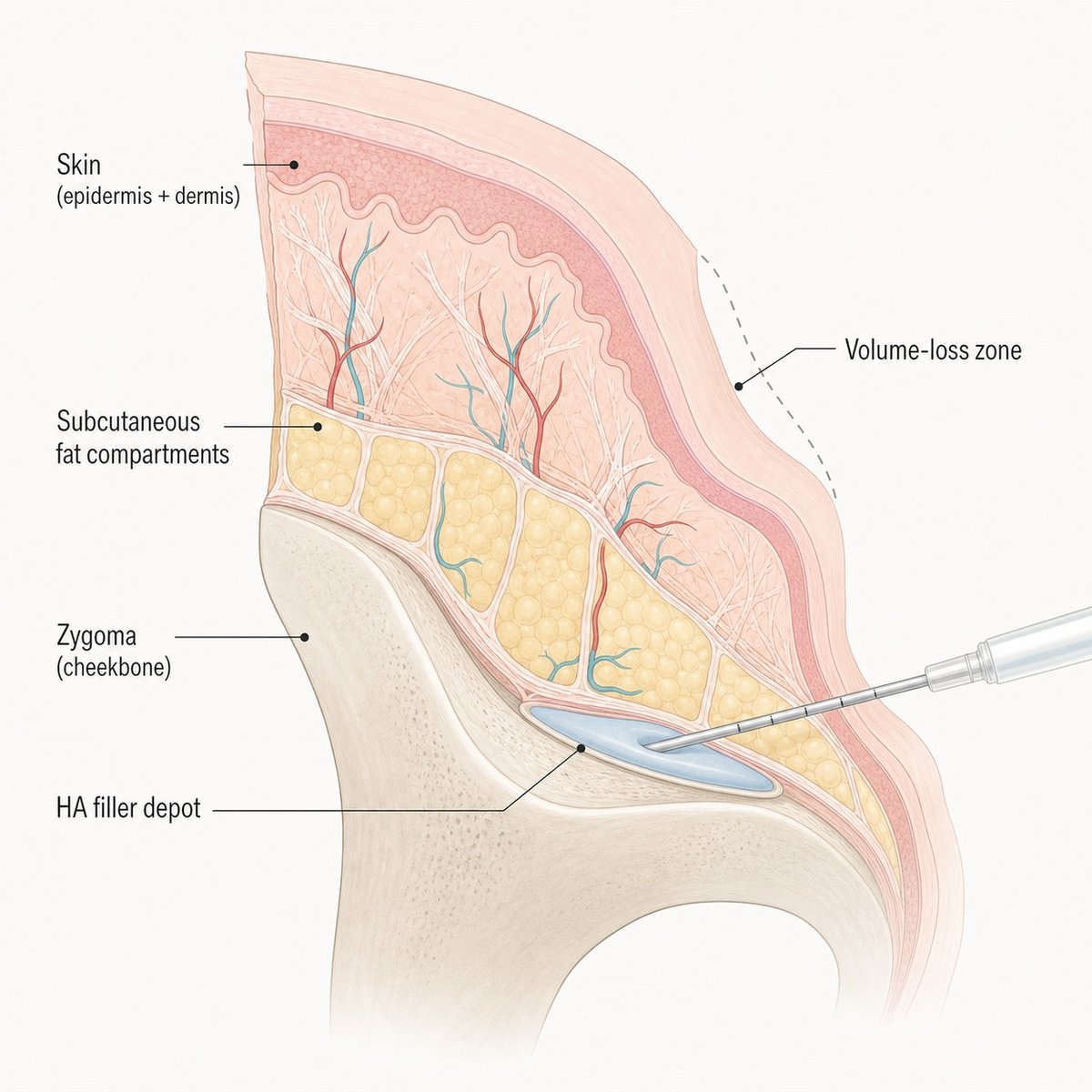 Where the volume is lost and where filler is placed within the midface tissue layers.