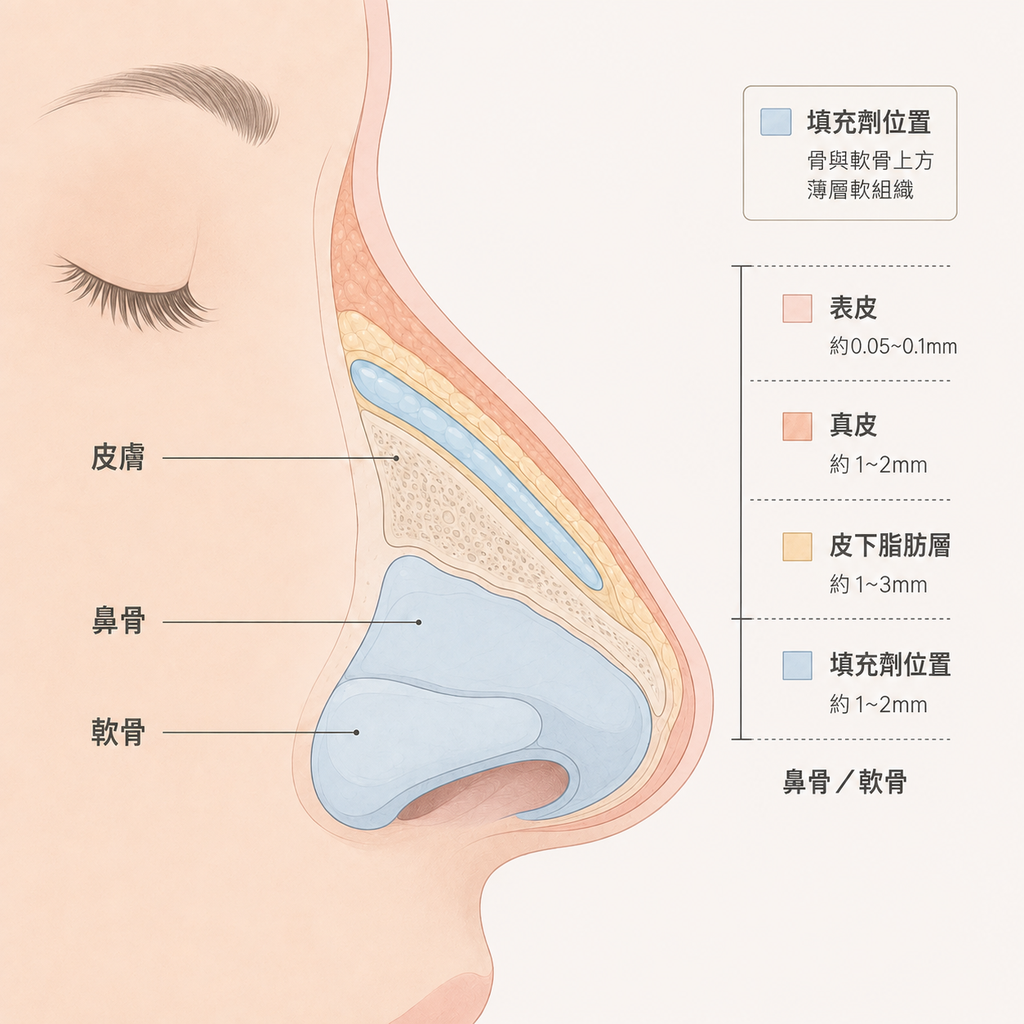 鼻部剖面 — 皮膚、軟骨、鼻骨層次結構