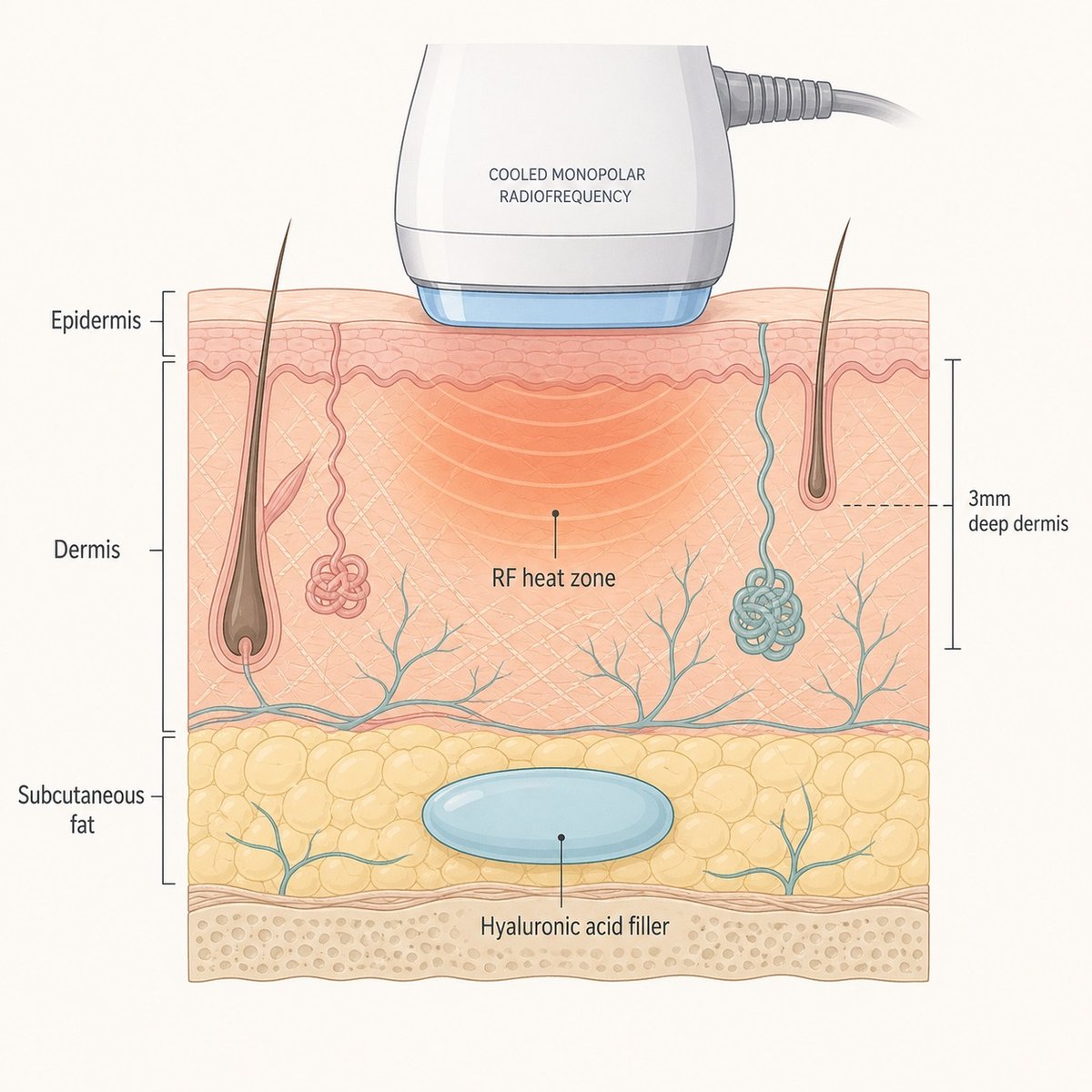 Skin cross-section comparing Oligio X radiofrequency heat depth with hyaluronic acid filler placement