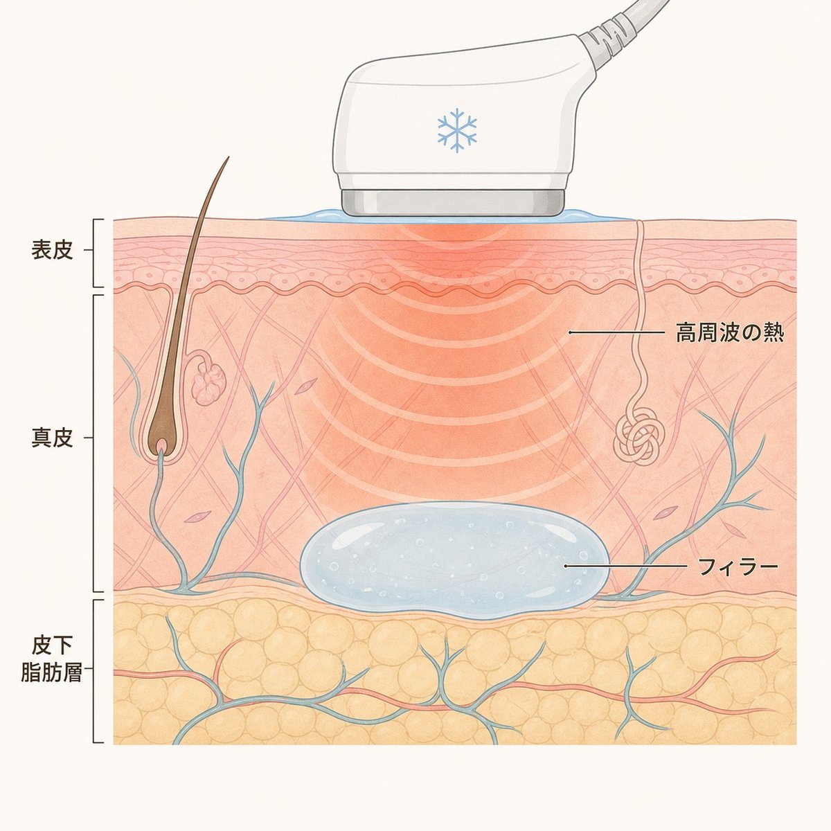 高周波の熱が真皮から皮下脂肪層へ届く経路とフィラーの位置を示した断面図