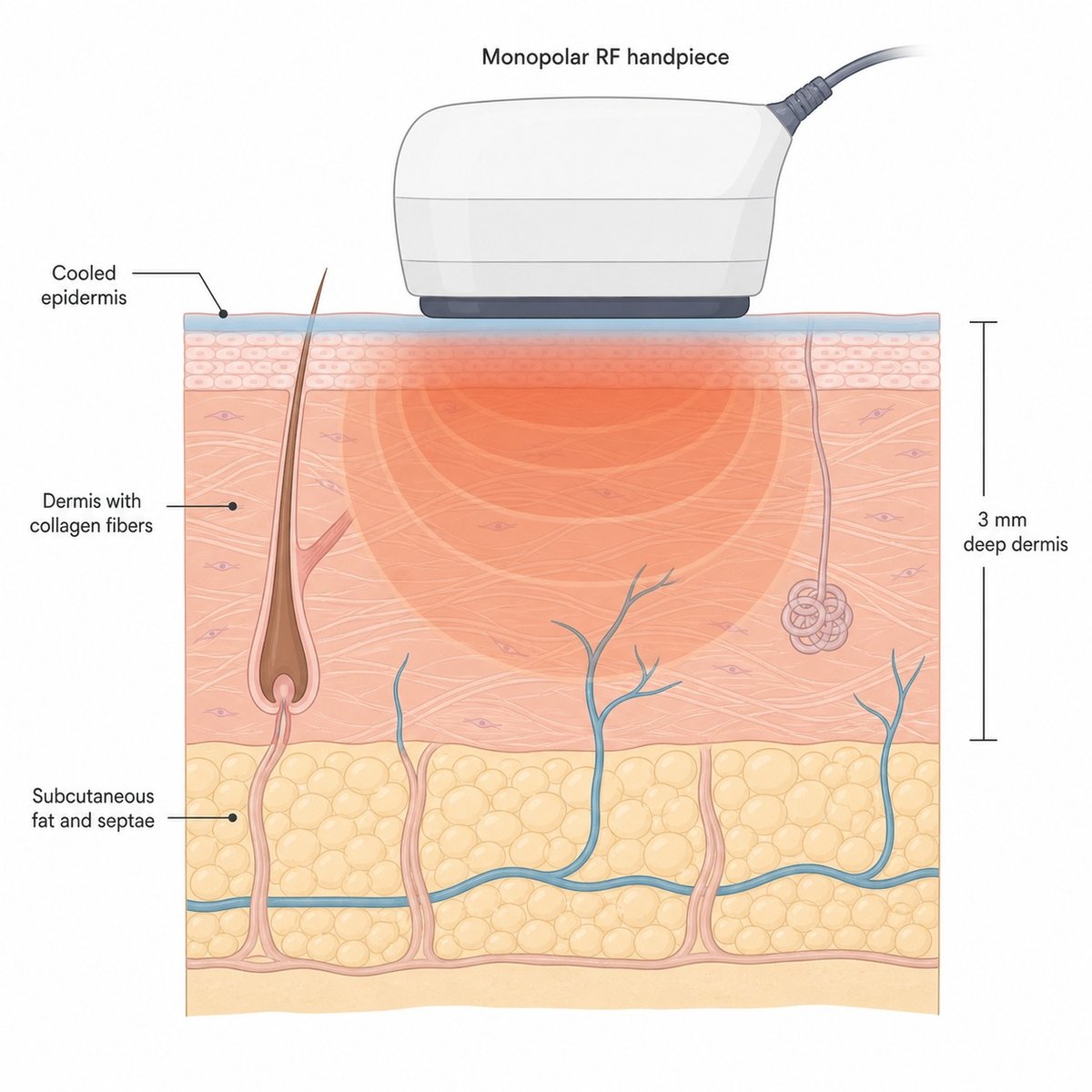 Cross-section illustration of monopolar RF heat reaching the dermis and subcutaneous fat during an Oligio X session