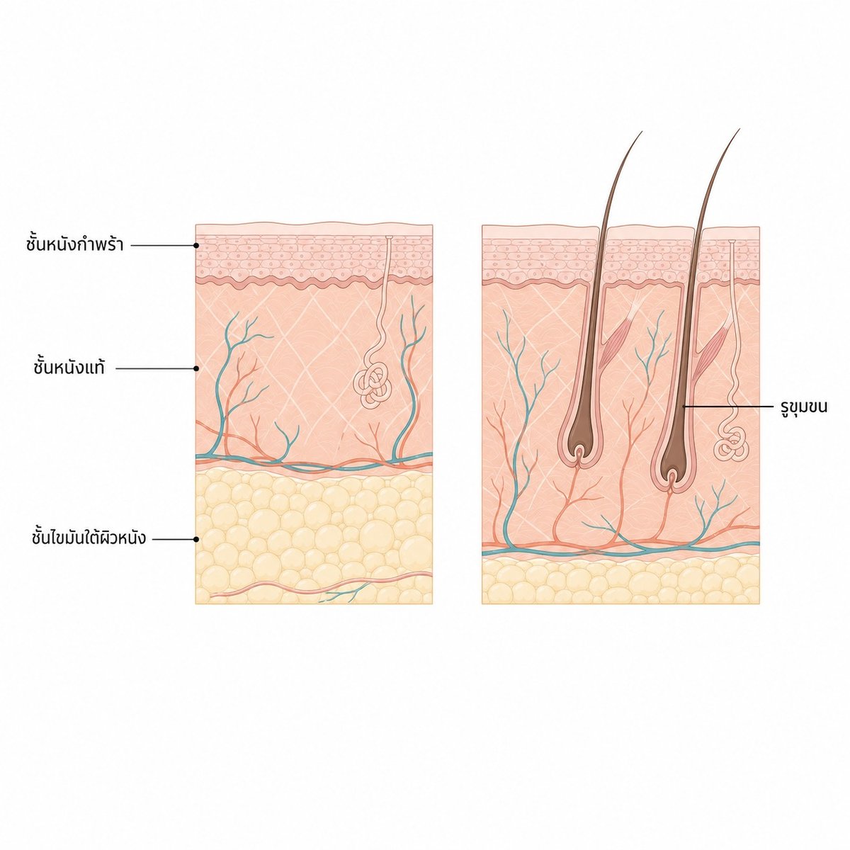 ภาพเปรียบเทียบความหนาของชั้นหนังแท้ที่ทำให้ระยะทางของความร้อนต่างกัน