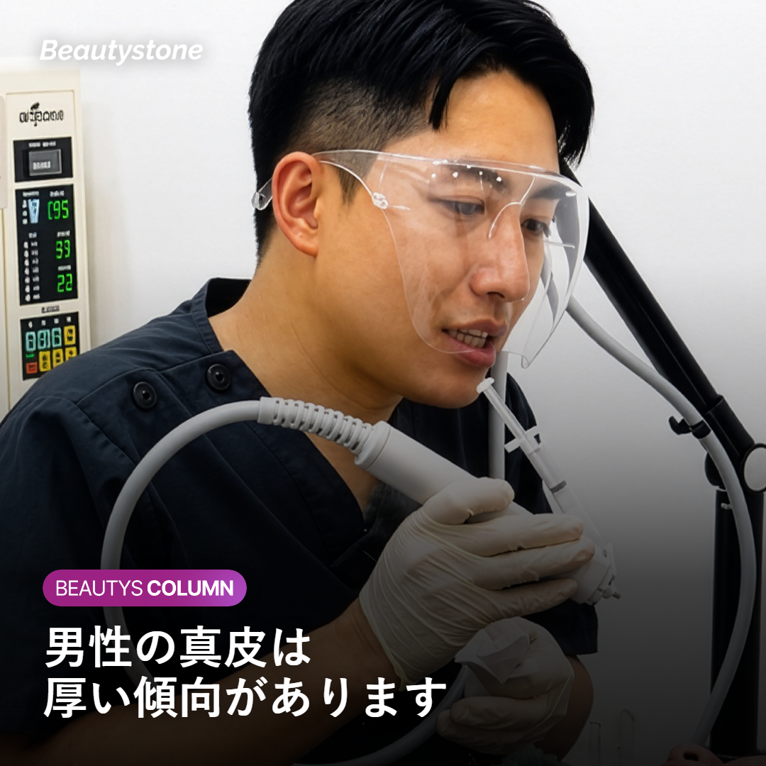 男性の真皮が厚いことで熱の届く距離が変わることを示すイメージ
