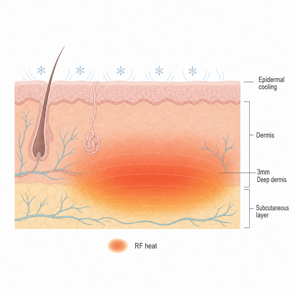 Monopolar Radiofrequency (RF) cooling the epidermis while delivering heat to the Dermis and subcutaneous layers